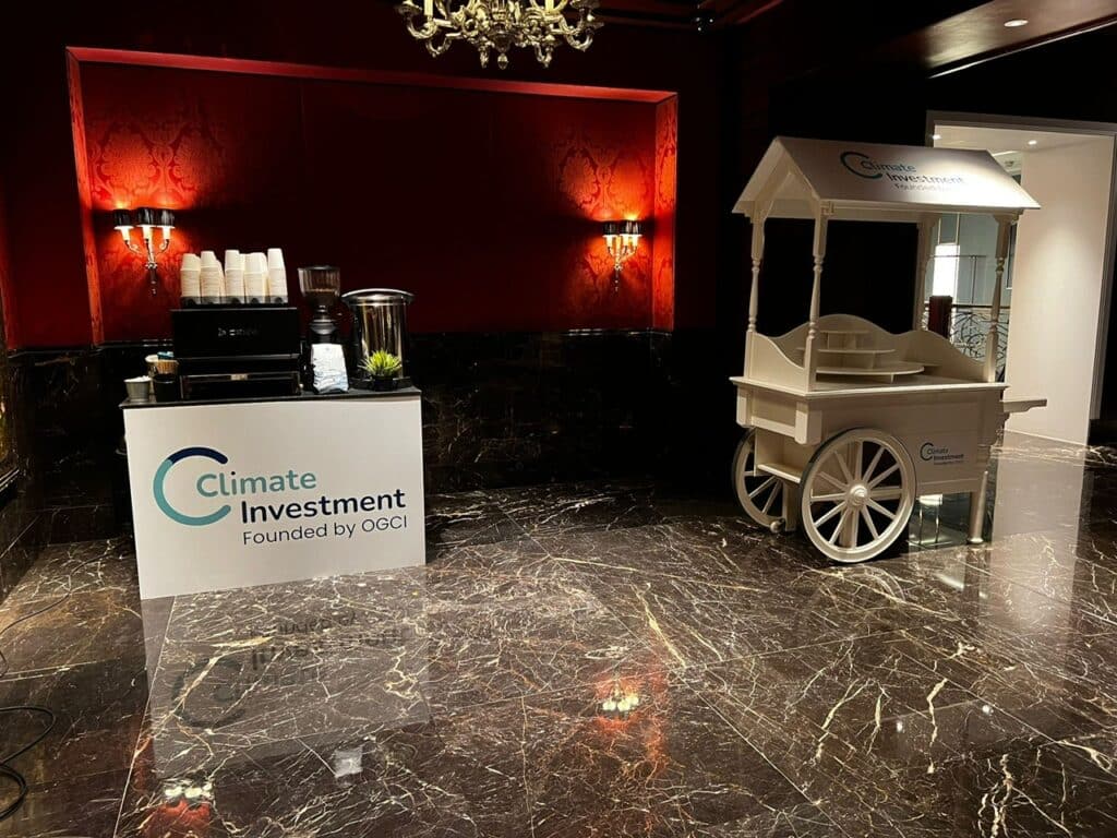 four seasons Climate Investment branded coffee bar and cart by Tom’s Coffee at Four Seasons Hotel London at Park Lane