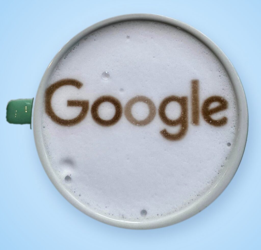Google logo printed onto the milk foam of a latte by Tom’s Coffee at Google’s workplace coffee activation