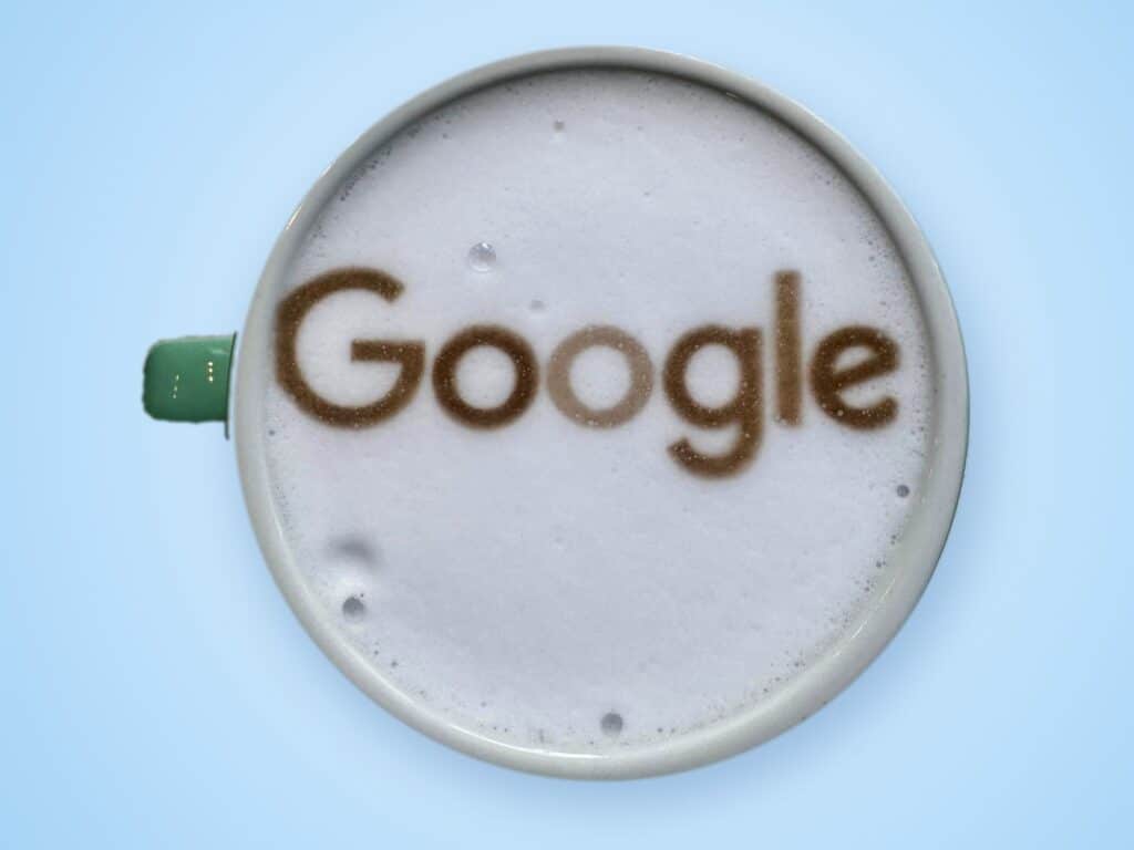 google-latte-blue-landscape Google logo printed onto the milk foam of a latte by Tom’s Coffee at Google’s workplace coffee activation