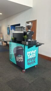 Coffee bar with branded printed side panels