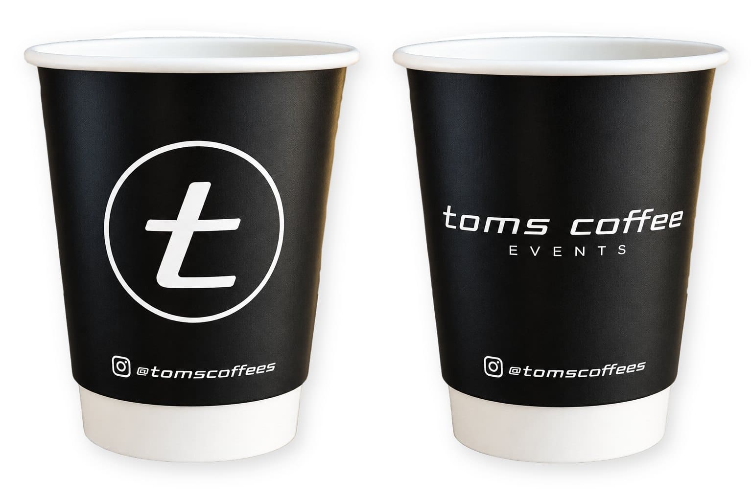 Tom’s Coffee branded double wall cups in black, printed with the t logo and toms coffee EVENTS wordmark